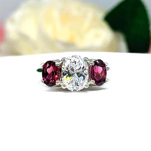 Oval-Cut Cubic Zirconia 3-Stone Engagement Ring Size 6 – Rhodolite Garnet, 8x6mm, Sterling Silver