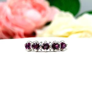 Round-Cut Wine Color Garnet 5-Stone Ring • 3mm,  Sterling Silver, Size 6