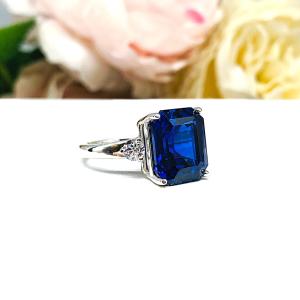Lab Blue Sapphire Emerald Cut Ring – CZ Accents, 10x8mm-12x10mm, Sterling Silver