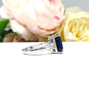 Lab Blue Sapphire Emerald Cut Ring – CZ Accents, 10x8mm-12x10mm, Sterling Silver
