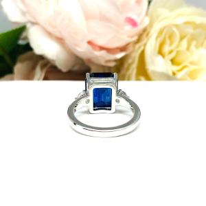 Lab Blue Sapphire Emerald Cut Ring – CZ Accents, 10x8mm-12x10mm, Sterling Silver