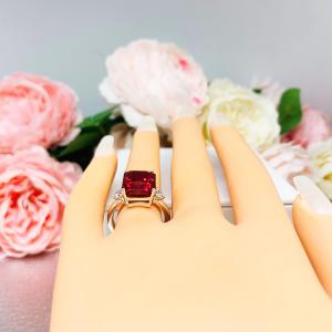 Lab Ruby Emerald Cut Ring – CZ Accents, 10x8mm-12x10mm, Sterling Silver