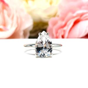 Lab White Sapphire Pear Engagement Ring –  10x7mm, 12x8mm, Sterling Silver