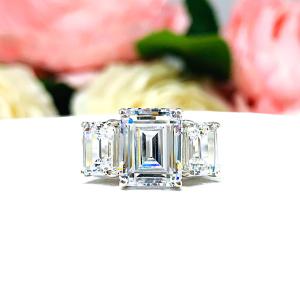 Emerald Cut Cubic Zirconia 3-Stone Engagement Ring – Sterling Silver