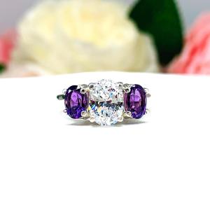 Oval CZ & African Amethyst 3-Stone Engagement Ring – 8x6mm Center, Sterling Silver