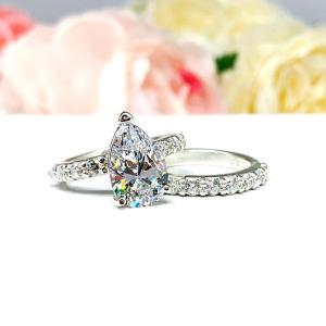 Pear Cubic Zirconia Pave Bridal Ring Set – 9x6mm-12x8mm, Sterling Silver