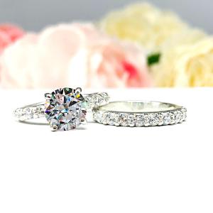 Round Cubic Zirconia Pave Bridal Ring Set – 6.5mm-8mm, Sterling Silver