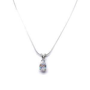 Sterling silver necklace featuring a faceted pear-cut cubic zirconia pendant in a minimalist setting, available in five sizes and shown on a sterling silver chain.