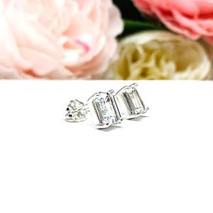 White Topaz Emerald Stud Earrings – 7x5mm-9x7mm, Sterling Silver