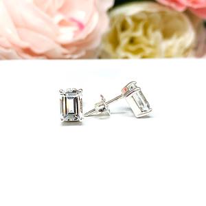 White Topaz Emerald Stud Earrings – 7x5mm-9x7mm, Sterling Silver
