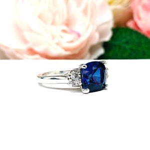 Lab Blue Sapphire Cushion & CZ Round Ring – 9mm, Sterling Silver