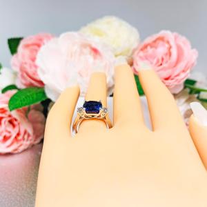 Lab Blue Sapphire Cushion & CZ Round Ring – 9mm, Sterling Silver