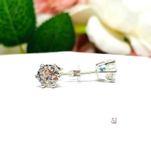 A pair of silver 6-prong stud earrings with 'near colorless' or 'G color' old European cut cubic zirconias. The earrings are on a white background with the left earring facing forward to showcase the 'chunky' facets and the right earring facing to the right displaying the center post and butterfly friction clasps. The text 'SJ' is visible in the lower right corner of the image.