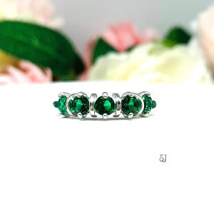 Round-Cut Lab Emerald 5-Stone Ring • 4mm, Sterling Silver, Size 7