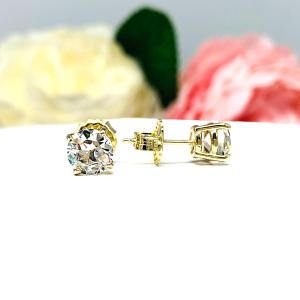 Old European Cut CZ Stud Earrings • 6.5mm—7.5mm, Near Colorless, Sterling Silver, 10k Gold