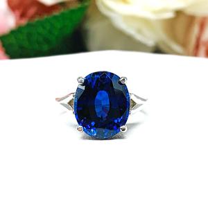 Lab Blue Sapphire Oval Solitaire Ring – 10x8mm - 16x12mm, Sterling Silver