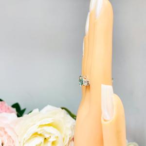 Round Sea Foam Green Moissanite Ring – 9mm, Colorless Accents, Sterling Silver