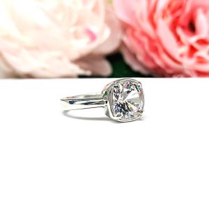 Lab White Sapphire Cushion Bezel Engagement Ring – 8mm, 9mm, Sterling Silver