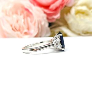 Oval-Cut Lab Blue Sapphire & Half-Moon CZ 3-Stone Ring • 12x8mm, Sterling Silver