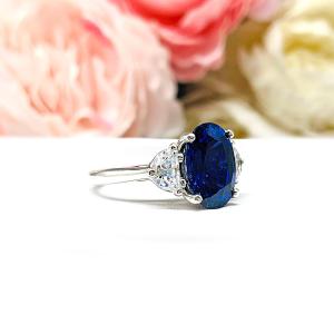 Oval-Cut Lab Blue Sapphire & Half-Moon CZ 3-Stone Ring • 12x8mm, Sterling Silver