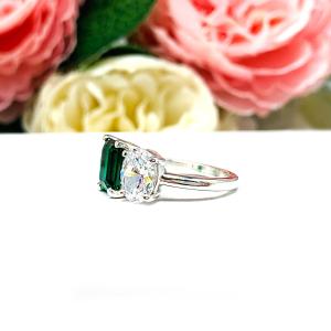 Emerald-Cut Emerald & Oval‑Cut CZ Toi Et Moi Ring • Sterling Silver