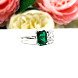 Emerald-Cut Emerald & Oval‑Cut CZ Toi Et Moi Ring • Sterling Silver