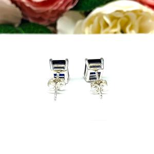 Emerald-Cut Lab Blue Sapphire Stud Earrings • 8x6mm, Sterling Silver