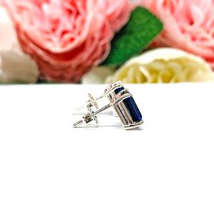 Emerald-Cut Lab Blue Sapphire Stud Earrings • 8x6mm, Sterling Silver
