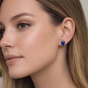 Emerald-Cut Lab Blue Sapphire Stud Earrings • 8x6mm, Sterling Silver