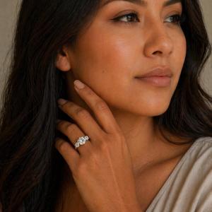 Round-Cut White Topaz 3-Stone Ring • 8mm Center, Sterling silver