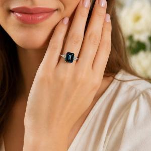 Emerald-Cut London Blue Topaz & Moissanite 3-Stone Ring • 8x6–10x8mm, Sterling Silver
