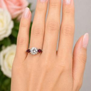 Round-Cut White Topaz & Rhodolite Garnet Pear 3-Stone Ring • 8mm Center, Sterling Silver