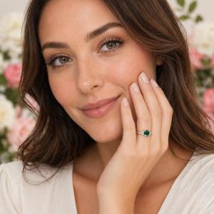 Round-Cut Emerald Green Moissanite 3-Stone Ring • 6mm—8mm, Sterling Silver