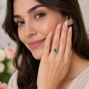 Round-Cut Green Moissanite 3-Stone Ring • 6.5mm—8mm Center, Sterling Silver