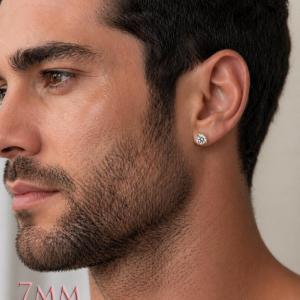 A man wearing 3-prong martini 7mm round cubic zirconia stud earrings. Model image for size and styling reference — not a photo of the actual earrings.