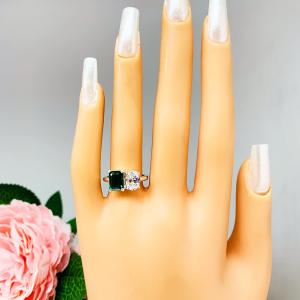 Emerald-Cut Emerald & Oval‑Cut CZ Toi Et Moi Ring • Sterling Silver