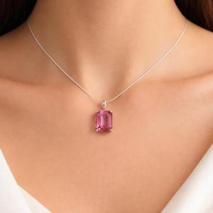 Emerald-Cut Lab Padparadscha Pink Sapphire Pendant or Necklace • 12x10mm, Sterling Silver