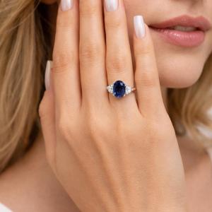 Oval-Cut Lab Blue Sapphire & Half-Moon CZ 3-Stone Ring • 12x8mm, Sterling Silver