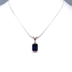 Radiant-Cut Lab Blue Sapphire Pendant or Necklace • 9x7mm, Moissanite Accent, Sterling Silver