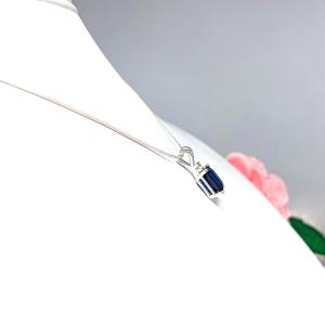 Radiant-Cut Lab Blue Sapphire Pendant or Necklace • 9x7mm, Moissanite Accent, Sterling Silver
