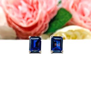 Emerald-Cut Lab Blue Sapphire Stud Earrings • 8x6mm, Sterling Silver