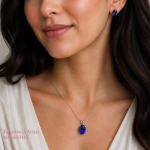Oval-Cut Lab Blue Sapphire Pendant or Necklace • 8x6mm—14x10mm, Sterling silver