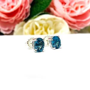 Oval-Cut Teal Blue Lab Gemstone Stud Earrings • 8x6mm, 9x7mm, Sterling Silver