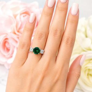 Round-Cut Lab Emerald & CZ 3-Stone Ring • 6mm—9mm Center, Sterling Silver