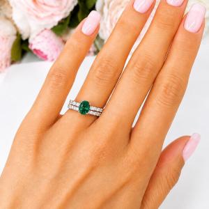 Oval-Cut Lab Emerald & CZ Engagement Ring or Bridal Set • 8x6mm—9x7mm, Sterling Silver