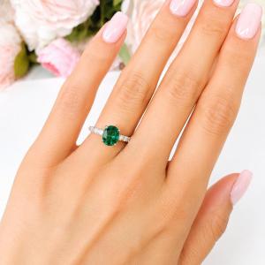 Oval-Cut Lab Emerald & CZ Engagement Ring or Bridal Set • 8x6mm—9x7mm, Sterling Silver