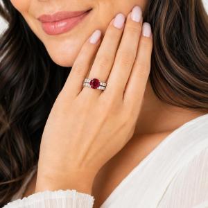 Round-Cut Lab Ruby & CZ Engagement Ring or Bridal Set • 6.5mm–8mm, Sterling Silver