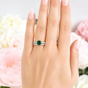 Round-Cut Lab Emerald CZ Engagement Ring or Bridal Set – 6.5–8mm, Sterling Silver