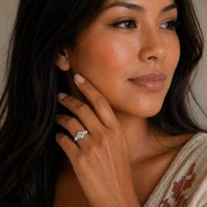 Round & Pear-Cut White Topaz 3-Stone Ring • 8mm, Sterling Silver