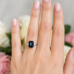 Emerald-Cut London Blue Topaz & Moissanite 3-Stone Ring • 8x6–10x8mm, Sterling Silver